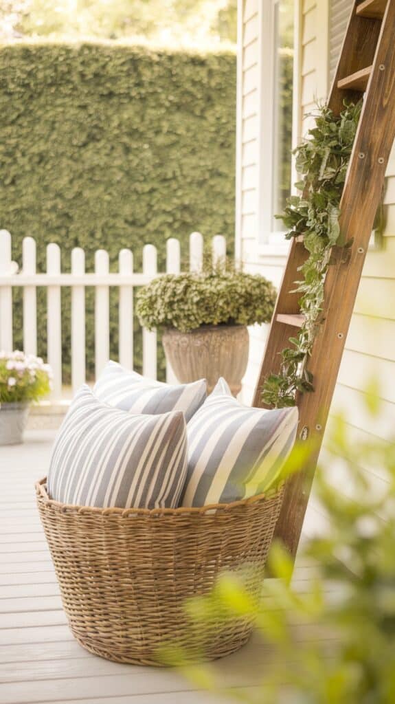 Wicker basket with striped pillows on a deck beside a wooden ladder adorned with greenery.
