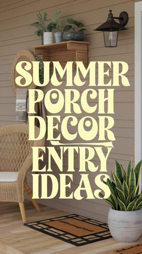 A porch with a wicker chair, potted plant, and lantern, featuring large text saying "Summer Porch Decor Entry Ideas."