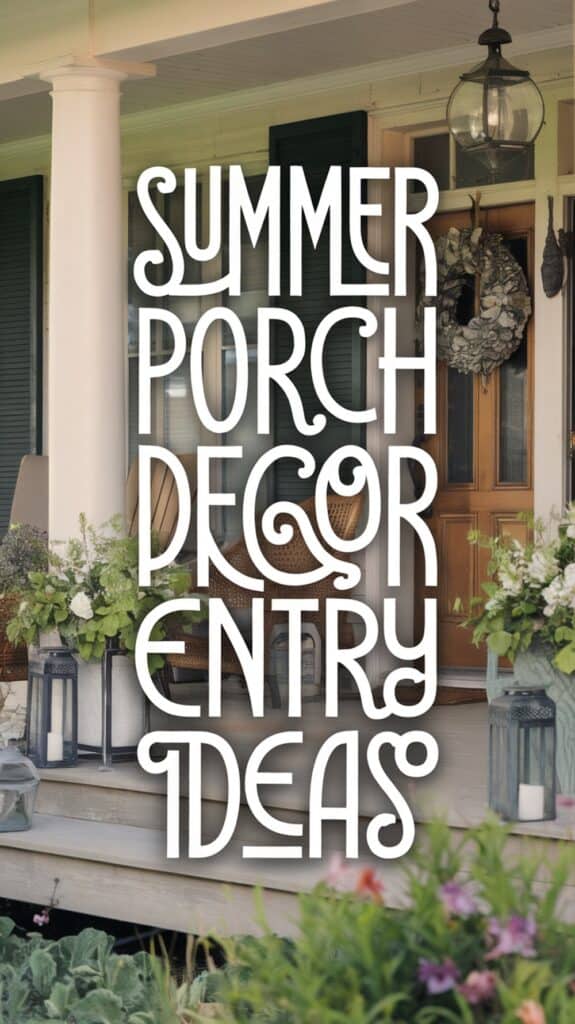 Text reading "Summer Porch Decor Entry Ideas" over a porch with plants and lanterns.