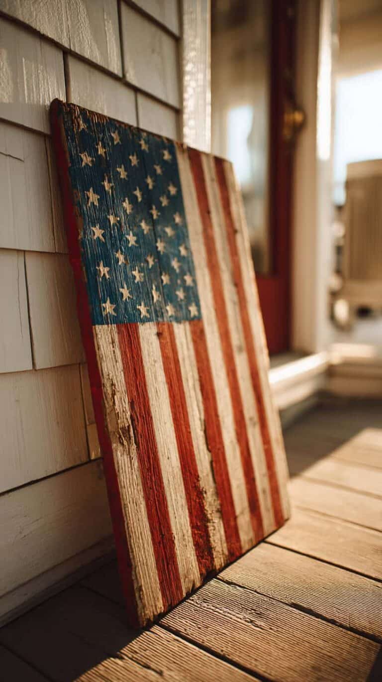 A rustic wooden American flag leaning against the wall of a porch, with sunlight casting warm tones.