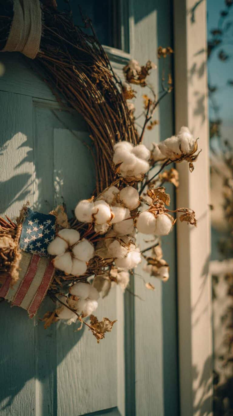 A wreath made of brown twigs and cotton bolls hangs on a blue door, adorned with a small American flag.