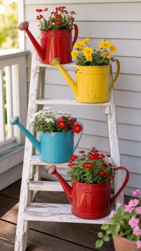 Display a Collection of Colorful Watering Cans or Vintage Finds