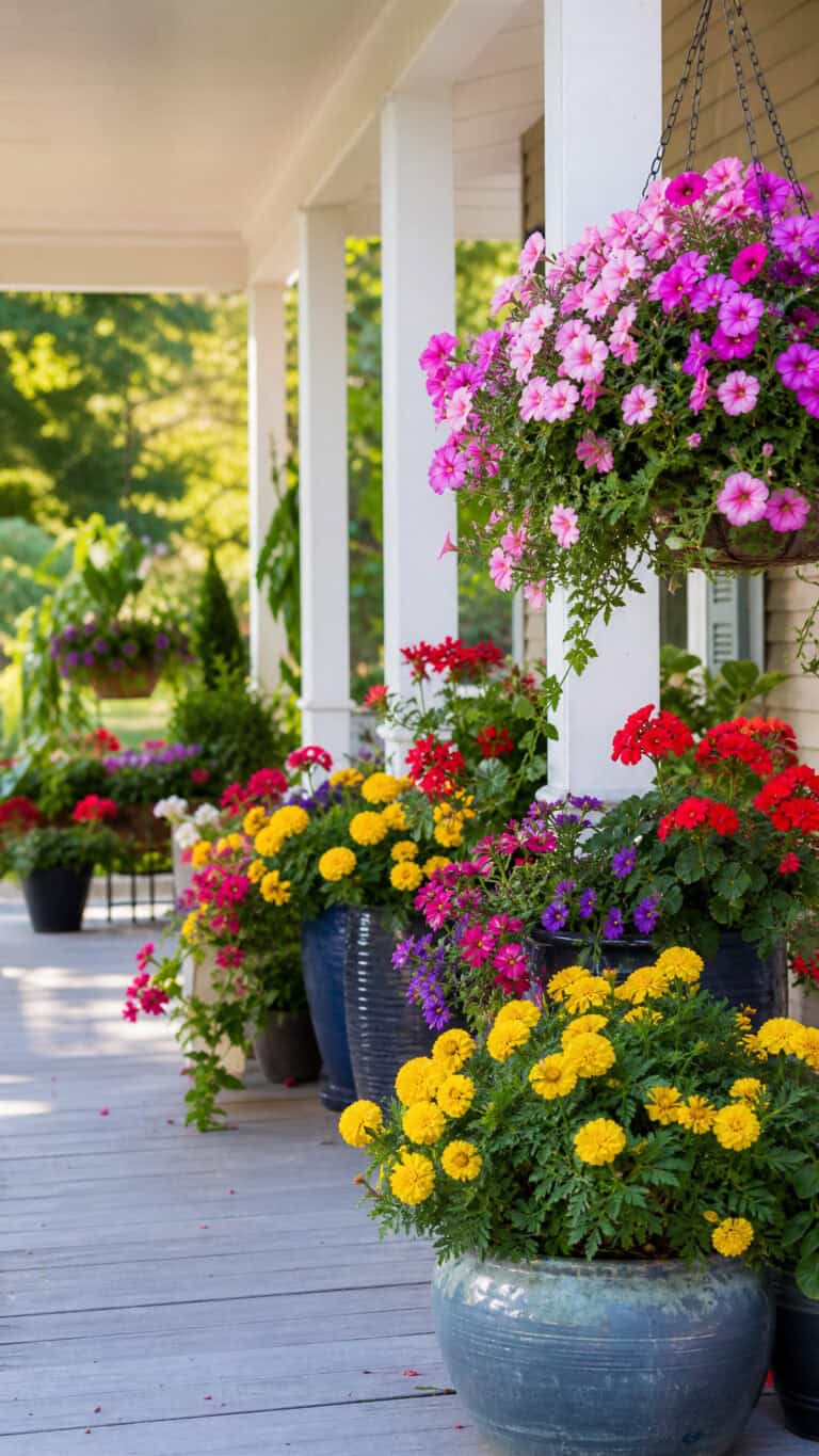 Brightly colored flowers, including pink, red, and yellow blooms, in pots and a hanging basket on a sunny porch.
