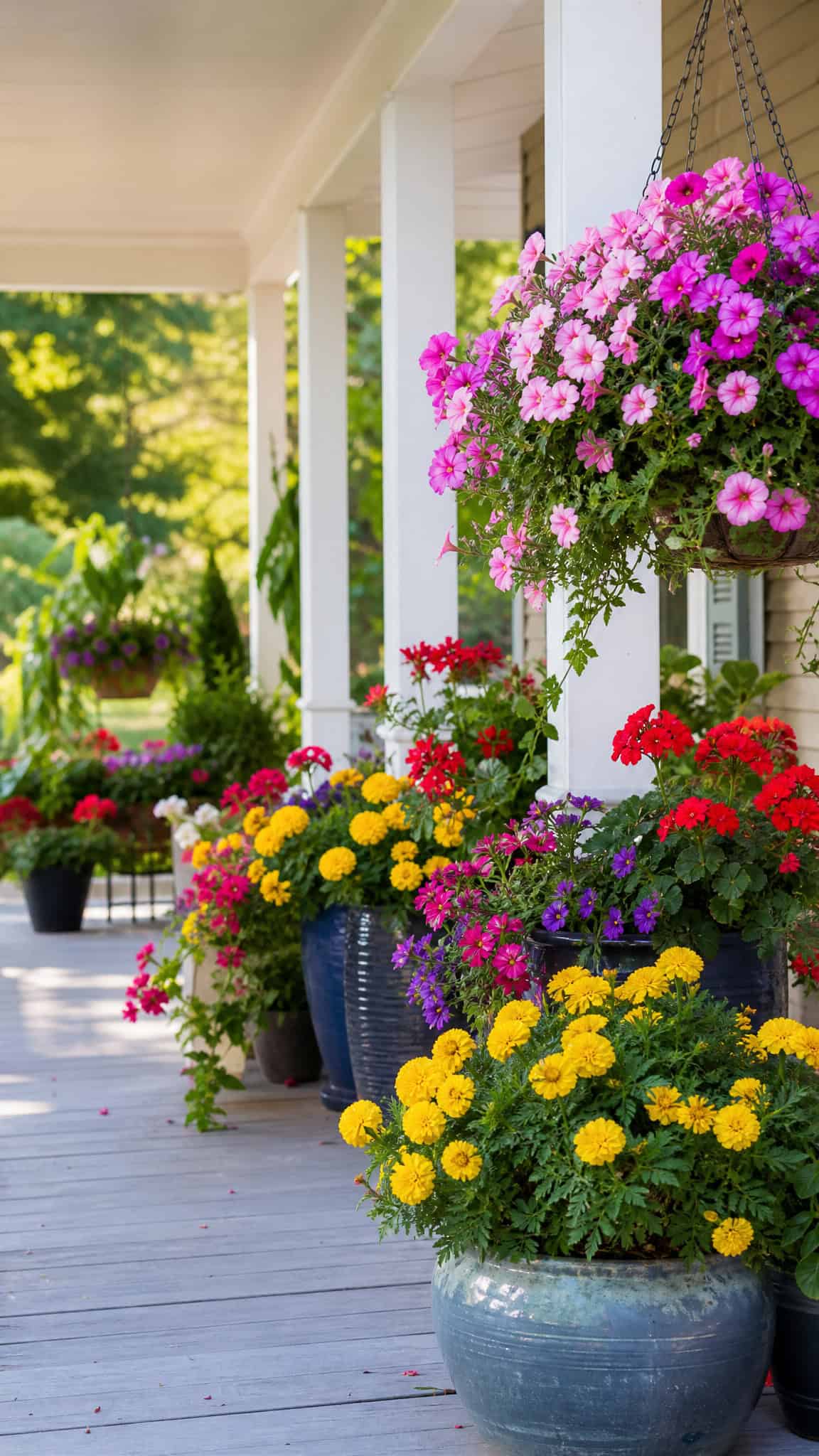 Brightly colored flowers, including pink, red, and yellow blooms, in pots and a hanging basket on a sunny porch.