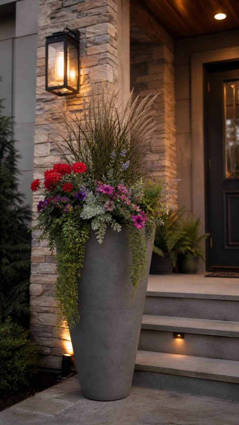 A large gray planter filled with vibrant flowers and grasses stands on a porch by stone walls and a lit lantern.