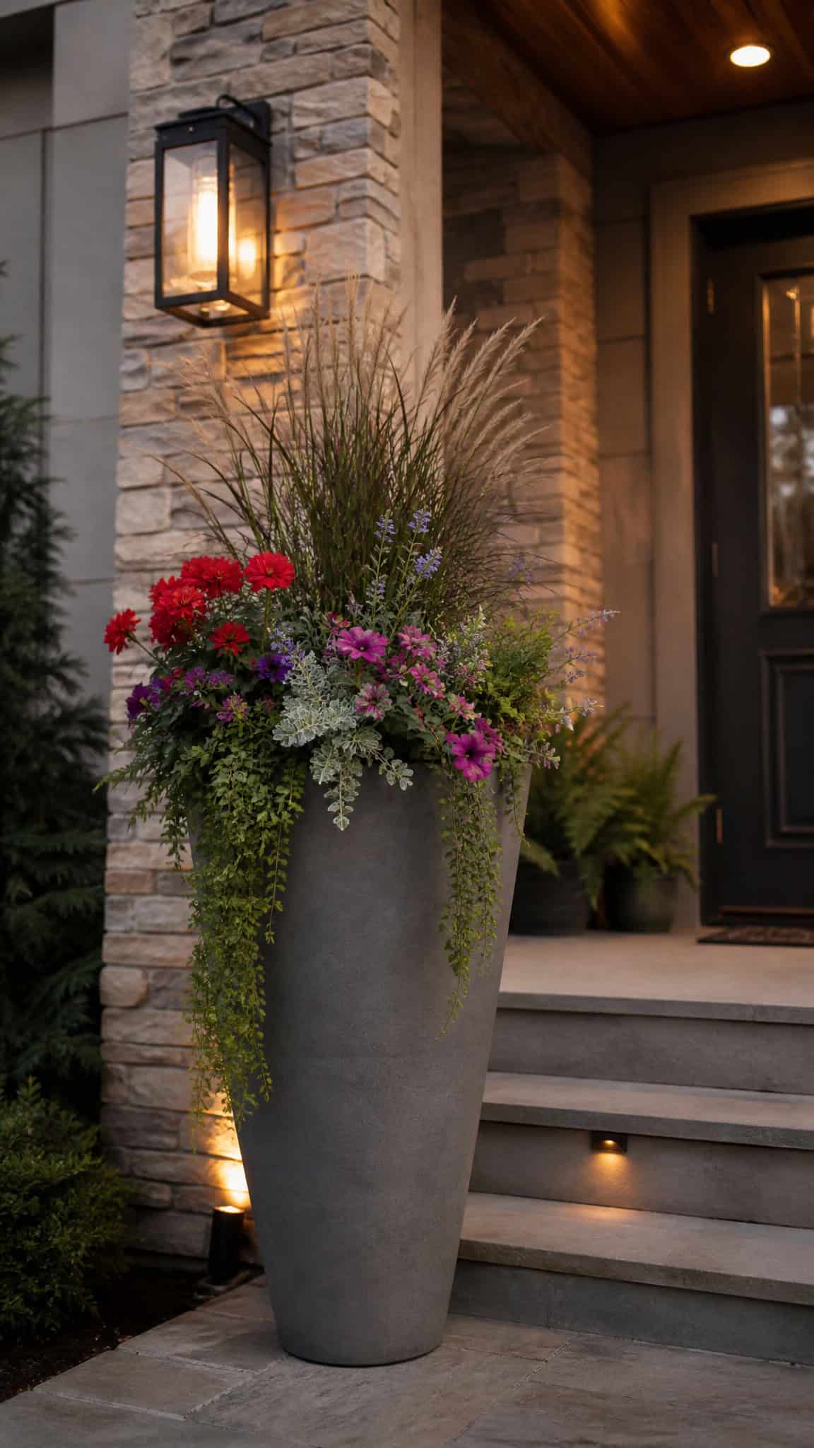 A large gray planter filled with vibrant flowers and grasses stands on a porch by stone walls and a lit lantern.
