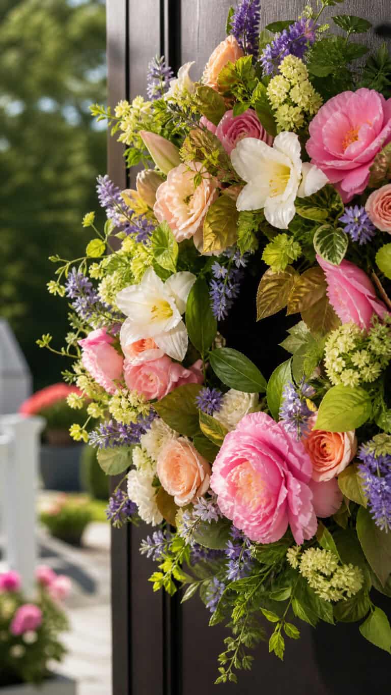 A vibrant floral wreath with pink roses, white lilies, and green leaves hangs on a dark door, with a blurred garden in the background.