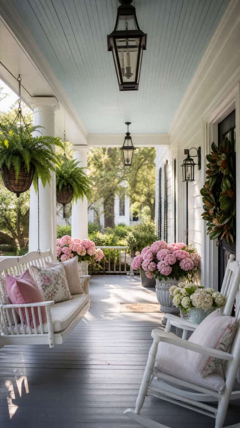 A charming porch with a white swing, rocking chairs, pink hydrangeas, and hanging ferns under a light blue ceiling.