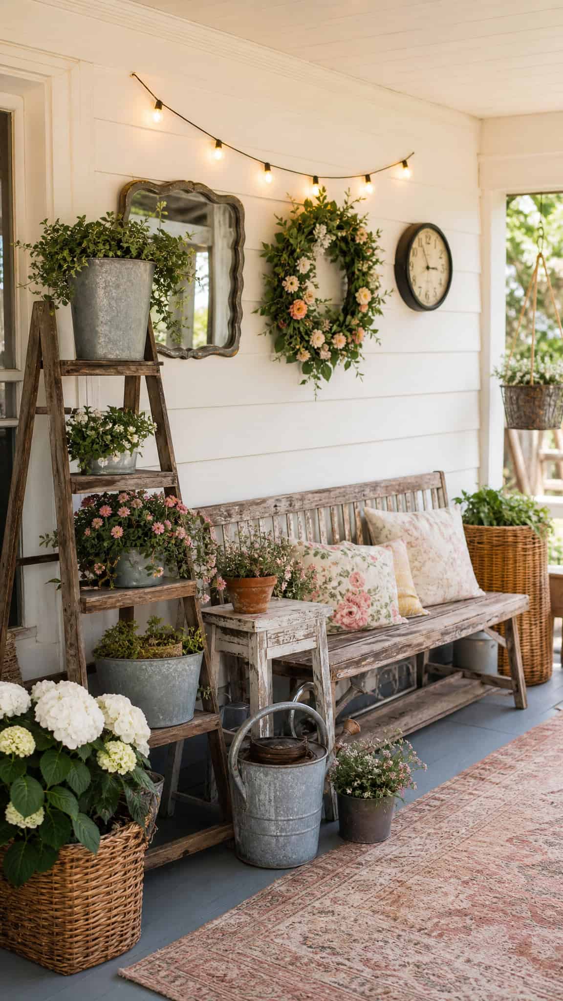 Porch with a wooden bench, floral cushions, potted plants, a ladder shelf, a wall clock, and hanging string lights.