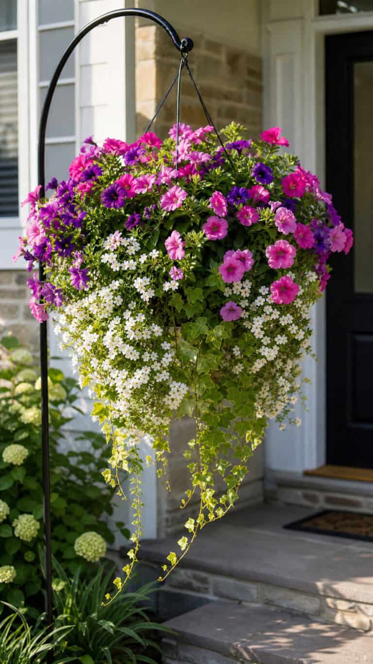 A hanging basket filled with vibrant pink, purple, and white flowers, with cascading greenery, outside a house entrance.