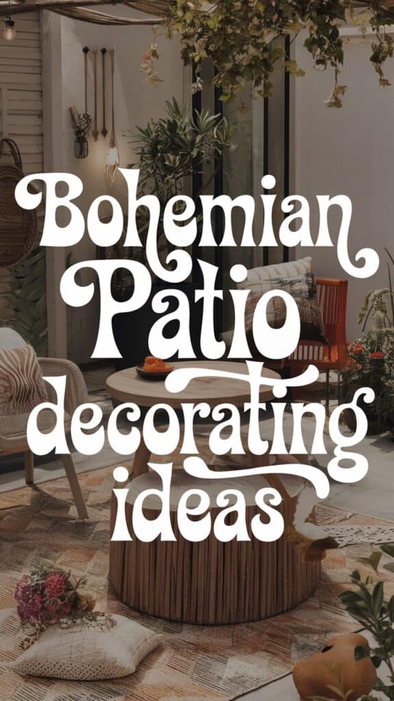 Decorative bohemian patio with plants, woven furniture, and text overlay reading "Bohemian Patio Decorating Ideas."