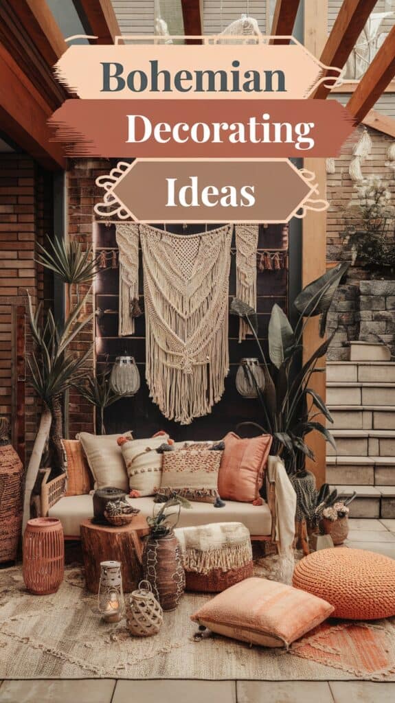Bohemian decor with woven wall hanging, plants, cushions, and lanterns in a cozy space.