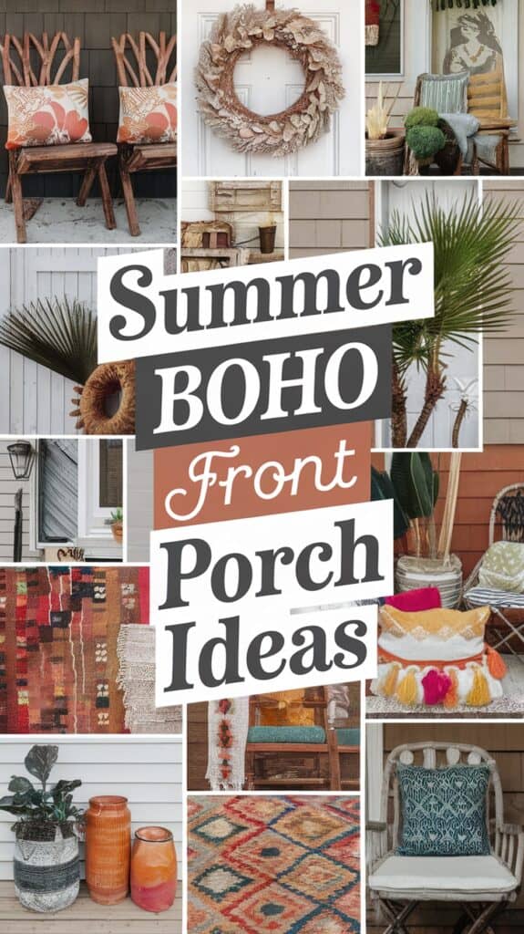 Collage of bohemian-style summer porch decor, including rugs, chairs, plants, and a wreath, with the text "Summer BOHO Front Porch Ideas."