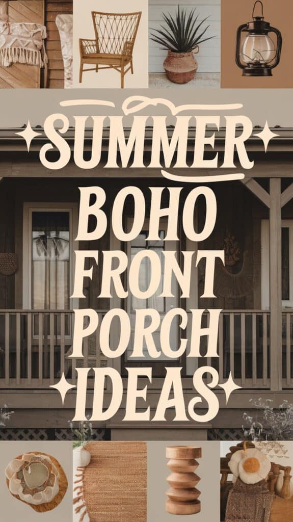 Collage of boho-themed items with text "Summer Boho Front Porch Ideas" in the center.