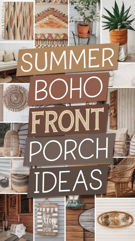 Collage of bohemian-style front porch decorations with text reading "Summer Boho Front Porch Ideas."