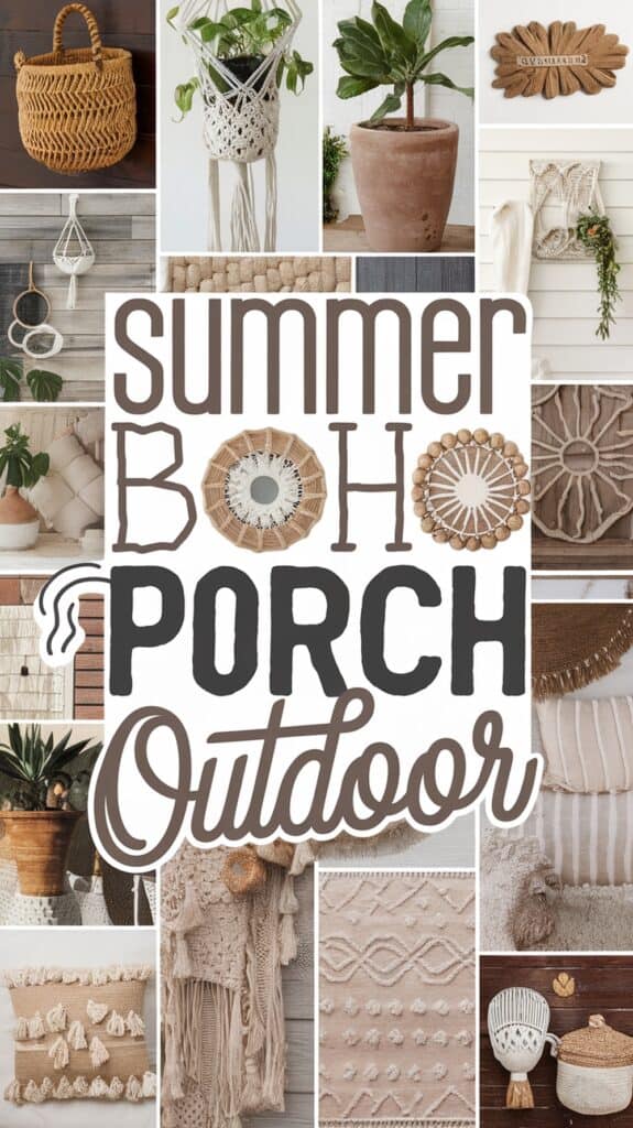 Collage of bohemian-style porch decor with macramé, plants, and woven textures around the text "Summer Boho Porch Outdoor."