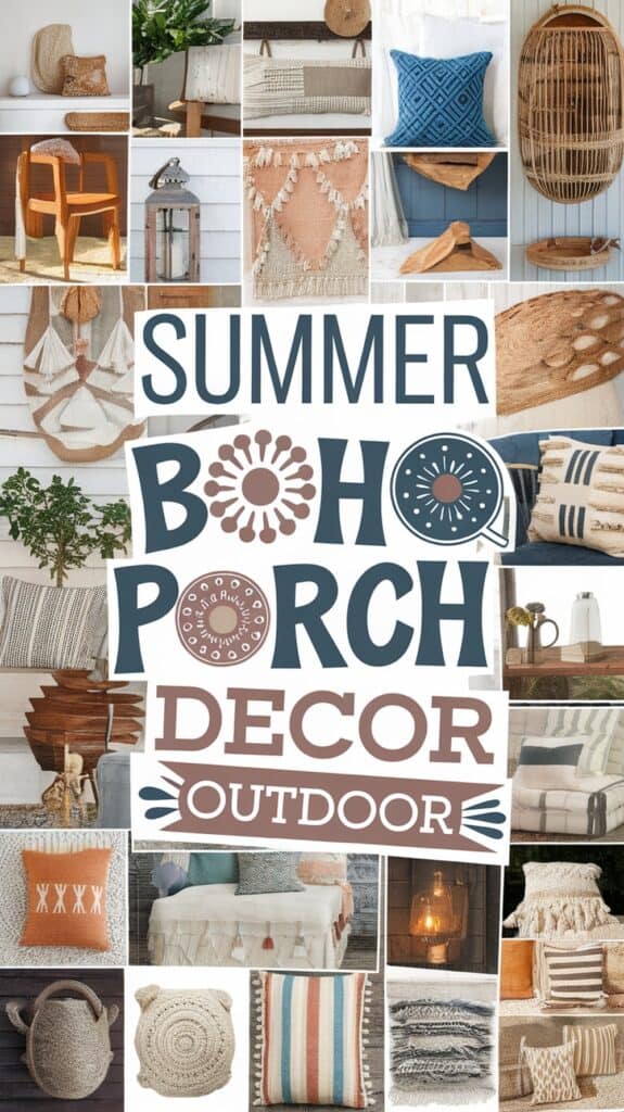 Collage of bohemian porch decor items including pillows, rugs, chairs, and planters with text "Summer Boho Porch Decor Outdoor" in the center.