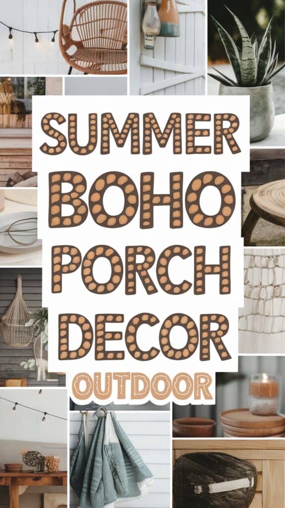 Collage showcasing summer boho porch decor with a focus on natural and earthy elements.