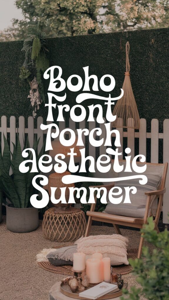 Boho-themed outdoor porch with a wooden chair, green plants, candles, and decorative text overlay.