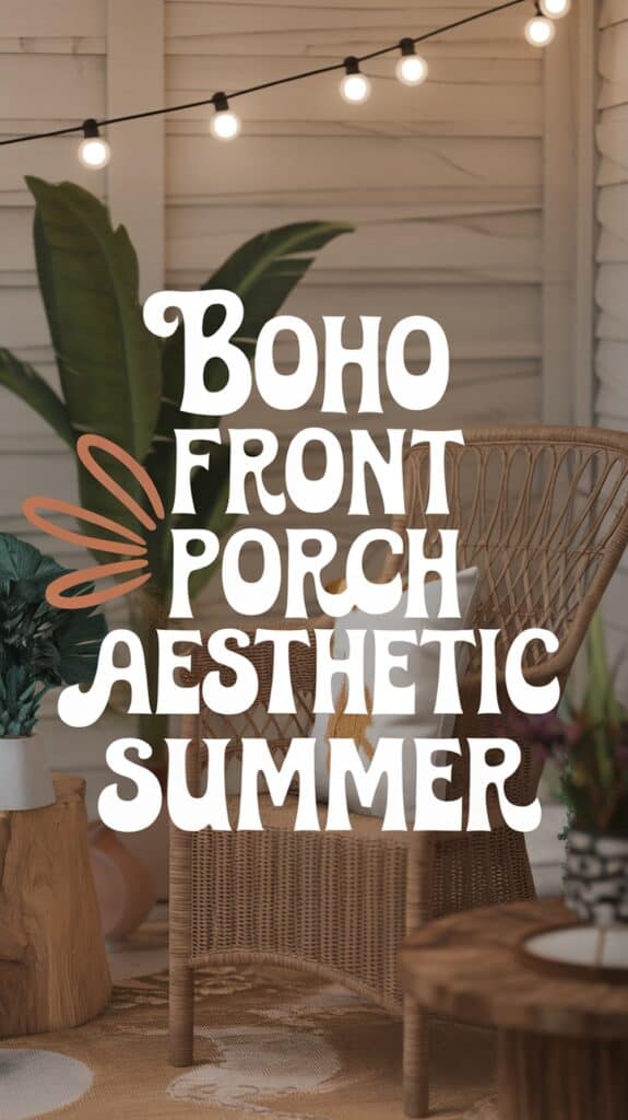 A cozy boho-style front porch with a wicker chair, plants, and string lights, featuring the text "Boho Front Porch Aesthetic Summer."