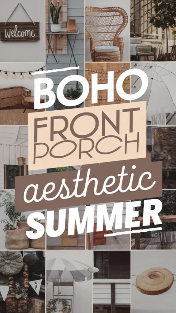 Collage of images depicting boho-style front porch decor with text: "Boho Front Porch Aesthetic Summer."