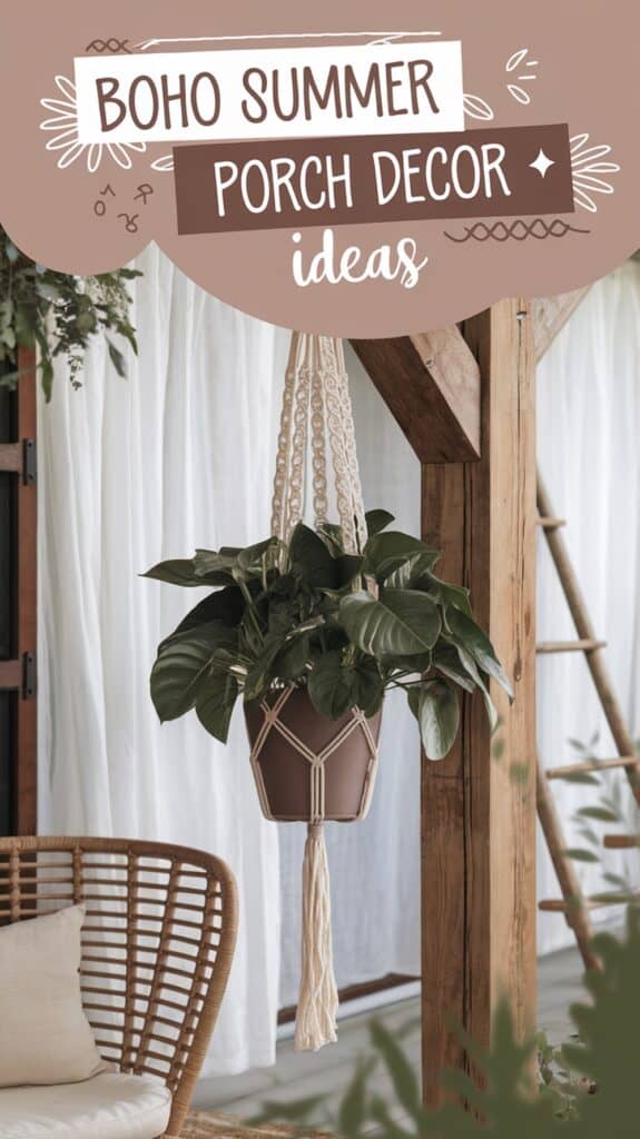 A macramé plant hanger with a green plant hangs on a wooden porch with text: "Boho Summer Porch Decor Ideas."