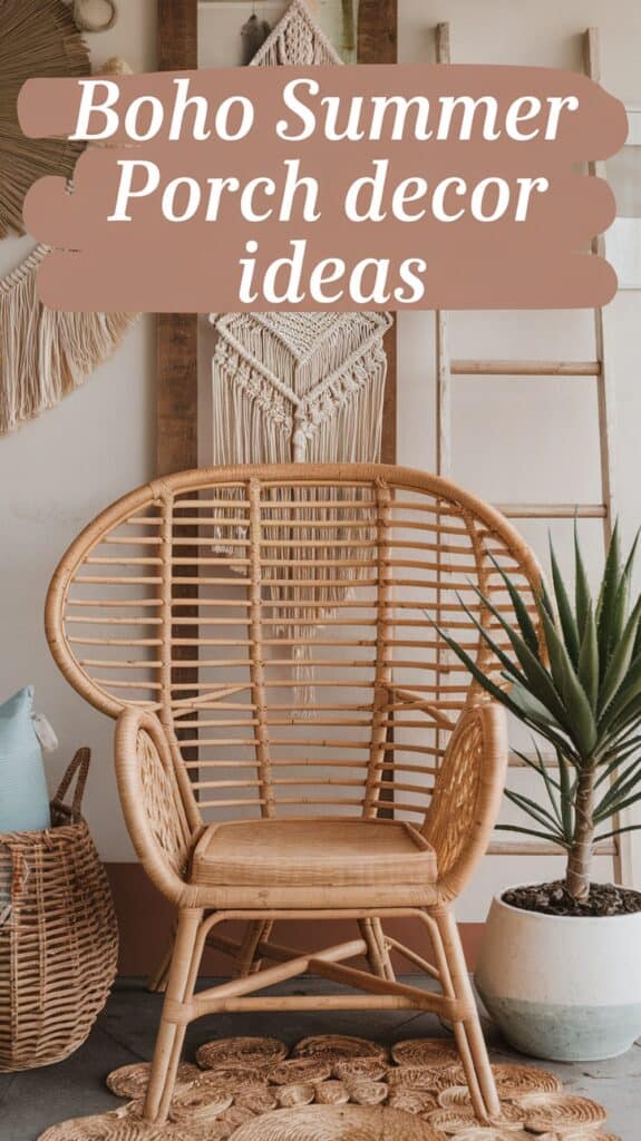 A boho-style porch setup with a woven chair, a potted plant, and a decorative rug next to a ladder and woven baskets.
