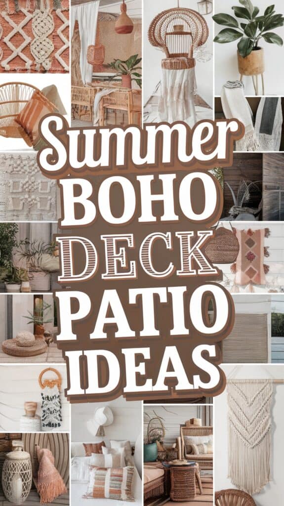 Collage featuring various bohemian decor items for summer decks and patios, with bold text saying "Summer Boho Deck Patio Ideas."