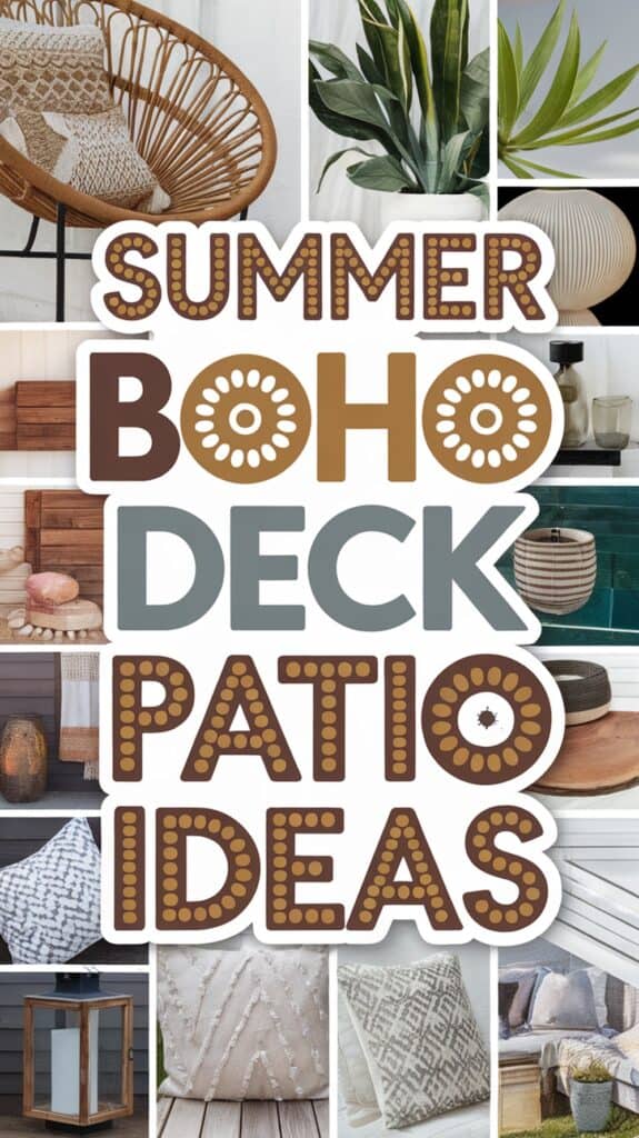 Collage of boho patio decor ideas, including plants, pillows, seating, and textured accents, with the text "Summer Boho Deck Patio Ideas."