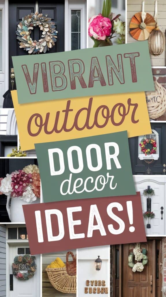 Collage of various front door decorations and a sign with "Vibrant Outdoor Door Decor Ideas!".