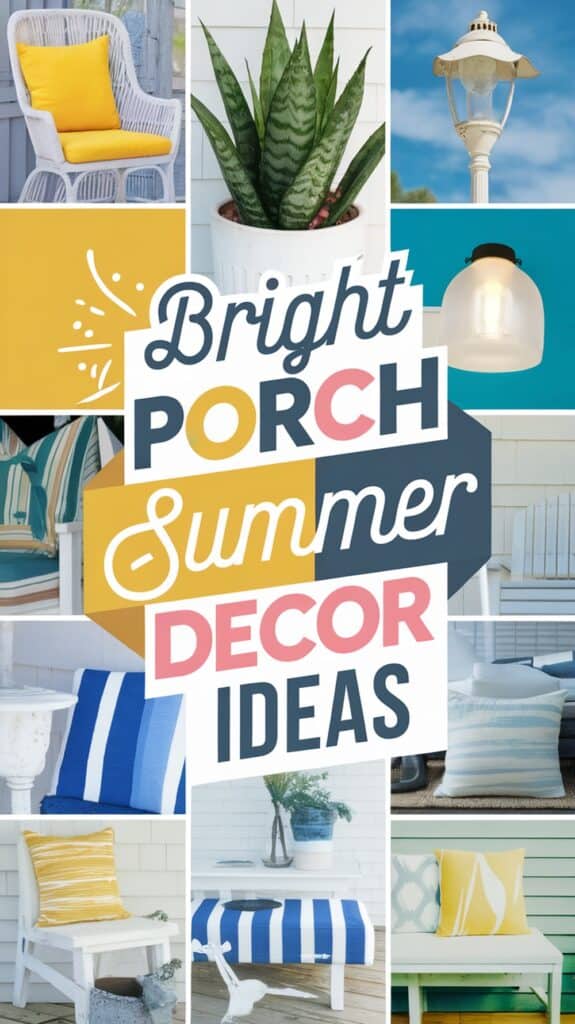 Collage of bright summer porch decor with colorful cushions, plants, and lighting, featuring text "Bright Porch Summer Decor Ideas."
