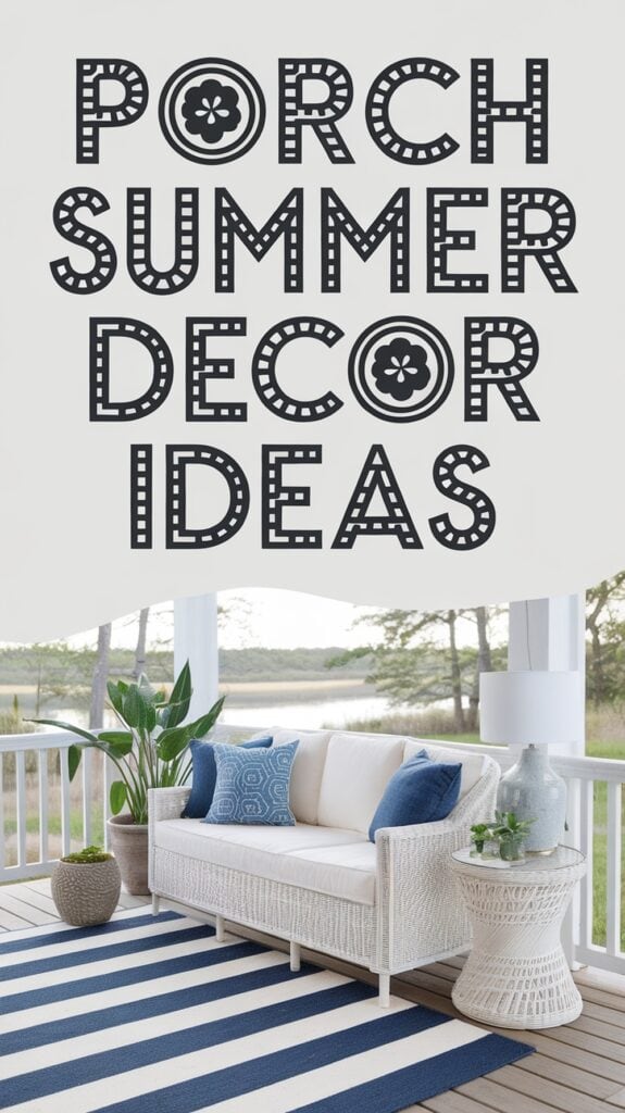 Text reading "Porch Summer Decor Ideas" above an outdoor seating area with blue and white cushions and rug.