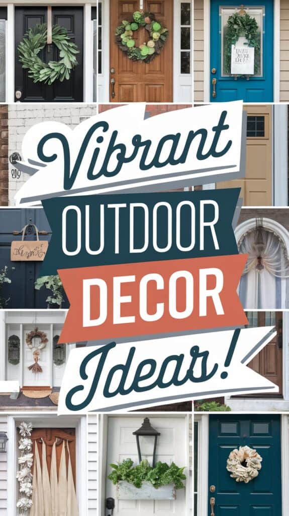 Collage of doors with various wreaths and signs, accompanied by the text "Vibrant Outdoor Decor Ideas!"