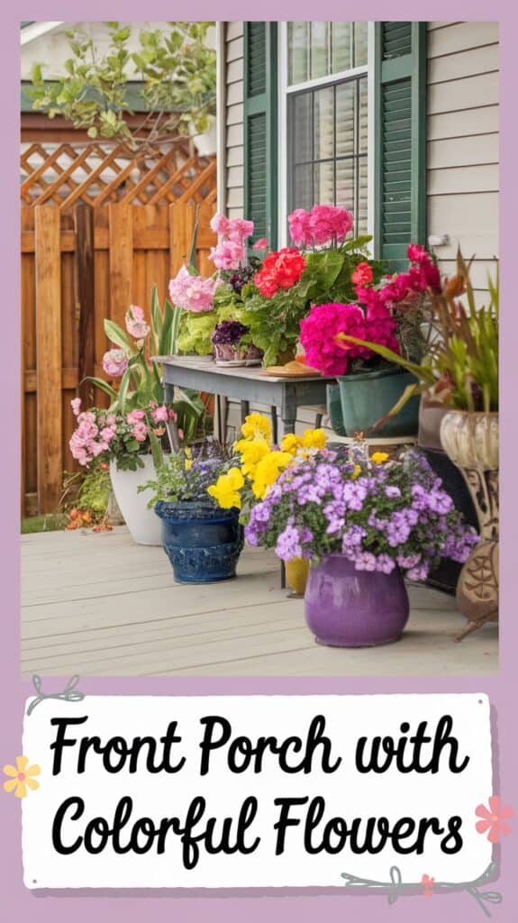 A front porch is adorned with various colorful flowers in pots, including pink, red, and purple blooms.