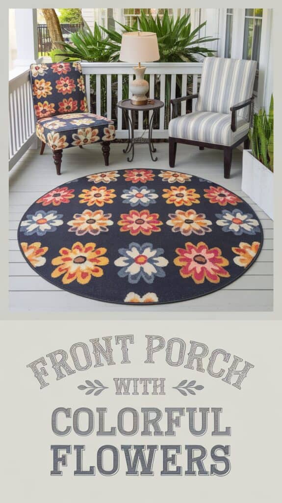 A cozy front porch featuring a round rug with colorful flower patterns, two chairs, and a small table with a lamp.