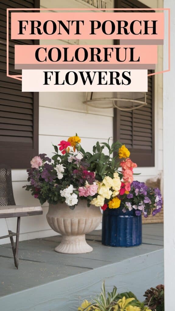 A porch with colorful flowers in planters, accompanied by text reading "Front Porch Colorful Flowers."