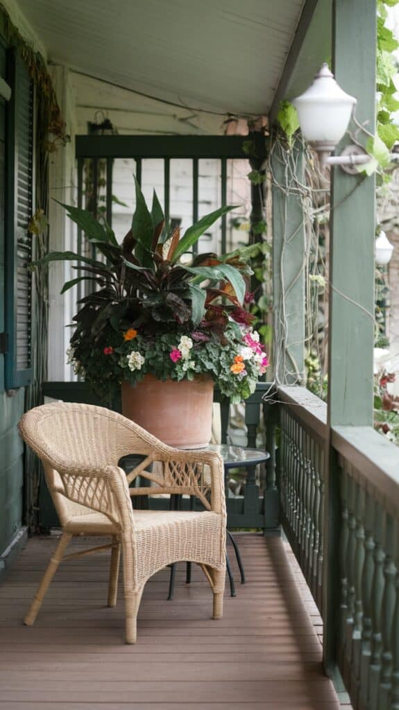 Wicker chairs and a table on a porch, with a large potted plant bursting with colorful flowers in the background.