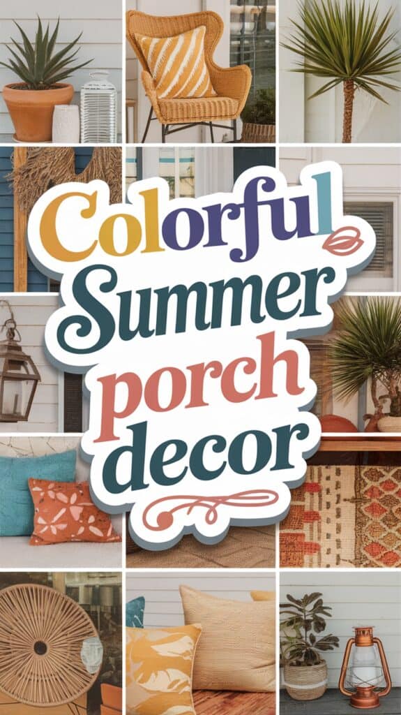 Collage of summer porch decor, including plants, wicker chairs, lanterns, and colorful cushions.