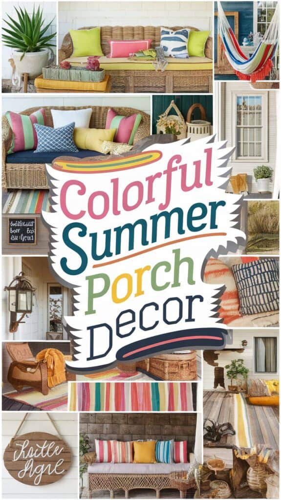 Collage of vibrant summer porch decor featuring colorful cushions, hammocks, and decorative accents.