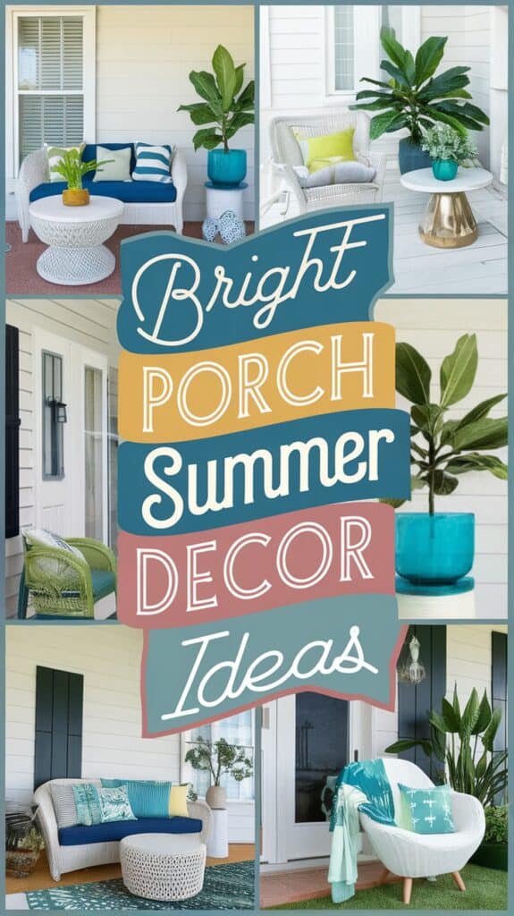 Collage of bright porch decorations with plants, colorful textiles, and stylish furniture; text reads "Bright Porch Summer Decor Ideas."