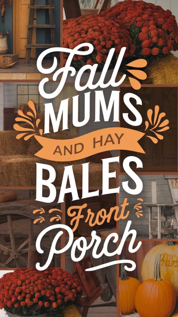 Collage featuring fall-themed text "Fall Mums and Hay Bales Front Porch" with images of hay bales, red mums, and pumpkins.
