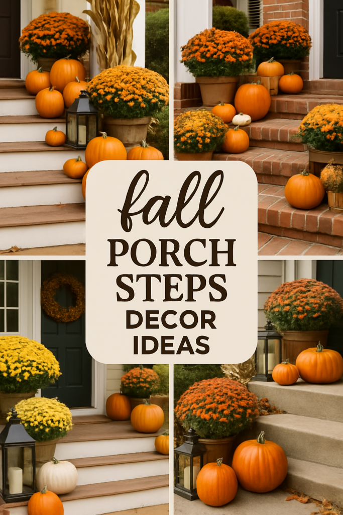 Decorative pumpkins and chrysanthemums on porch steps with text: "Fall Porch Steps Decor Ideas."