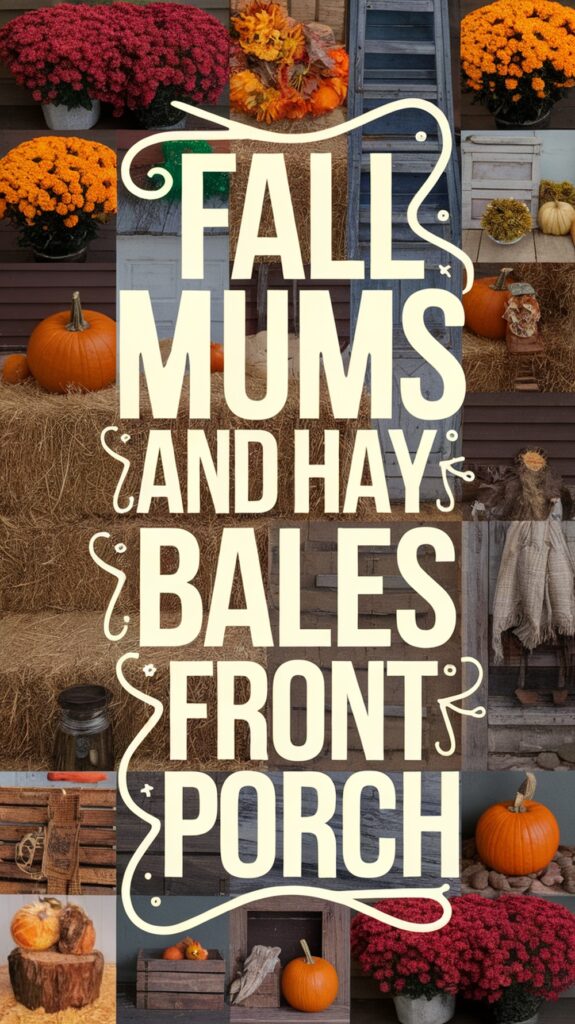 Collage featuring autumn decorations with pumpkins, hay bales, and chrysanthemums, highlighted by large text "Fall Mums and Hay Bales Front Porch."