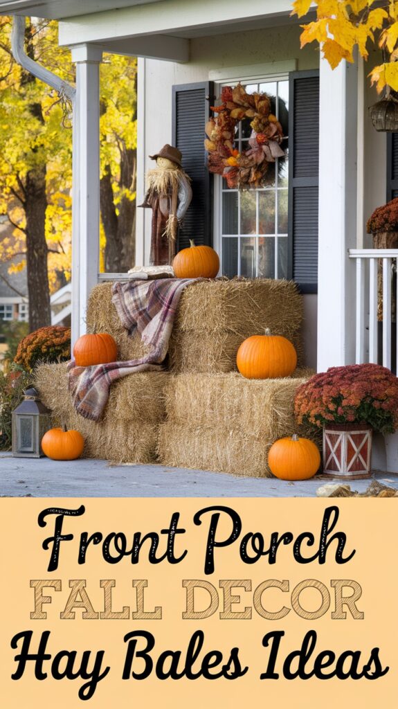 A front porch decorated for fall with hay bales, pumpkins, a scarecrow, and autumn leaves.
