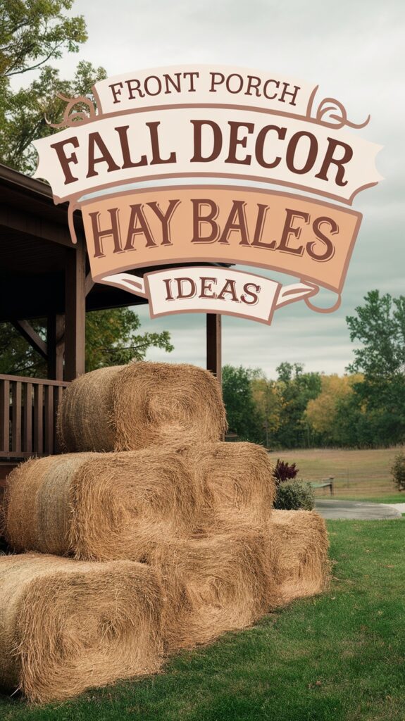Stacked hay bales beside a front porch with a sign reading "Fall Decor Hay Bales Ideas."