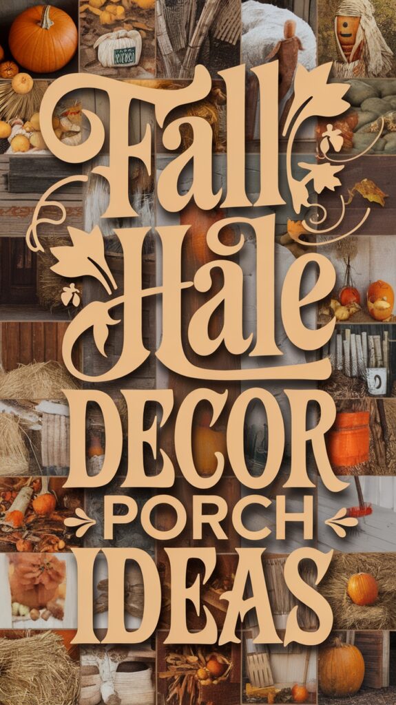 Collage of autumn-themed porch decor with pumpkins and hay, featuring the text: "Fall Hale Decor Porch Ideas."