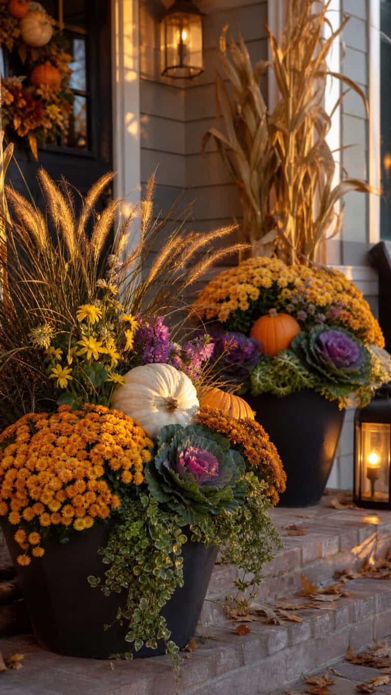 Autumn-themed porch with pumpkins, chrysanthemums, ornamental kale, and dried corn stalks in black pots.
