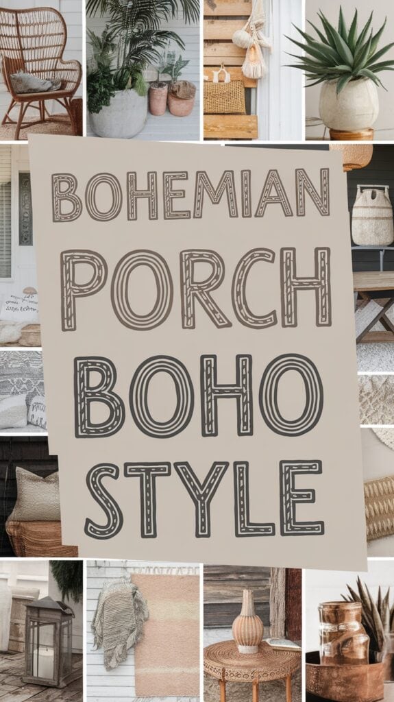 Collage of bohemian decor elements with the text "Bohemian Porch Boho Style" in the center.