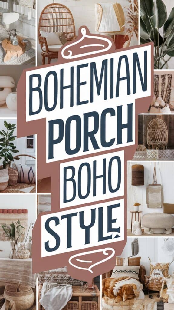 Collage of bohemian-style porch decor with woven furniture, plants, and cozy textiles, overlaid with the text "Bohemian Porch Boho Style."