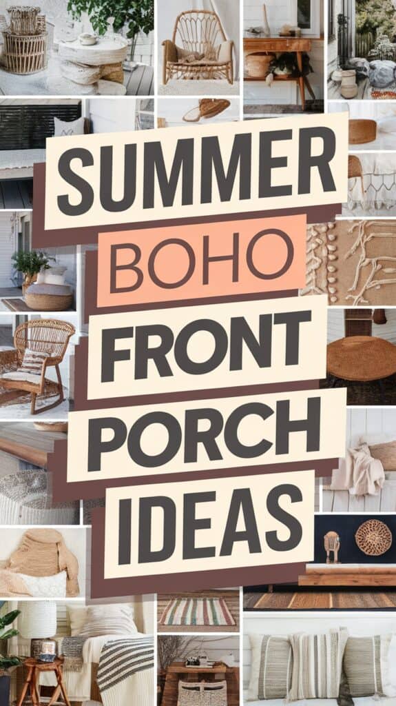 Collage of boho-style summer porch decor including wicker chairs, cushions, and woven accents, with text reading "Summer Boho Front Porch Ideas."